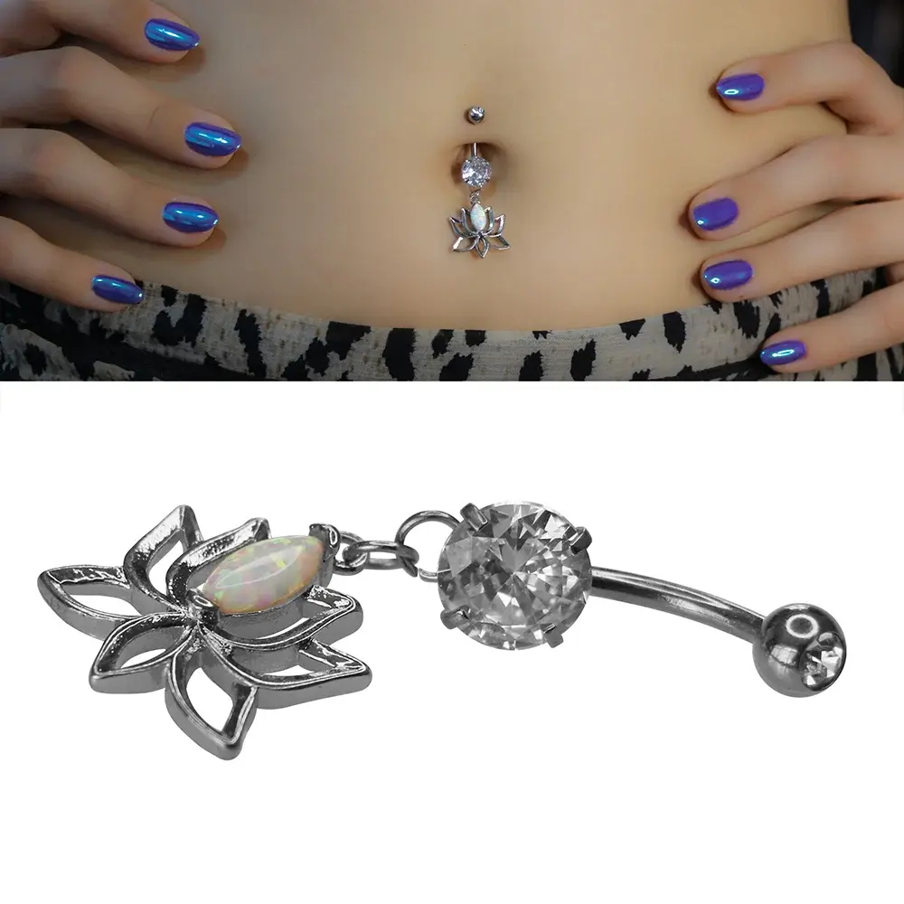 Moonlit Lotus Model 316L Cerrahi Çelik Göbek Piercing Ay ve Çiçek Figürü Taş Detayı