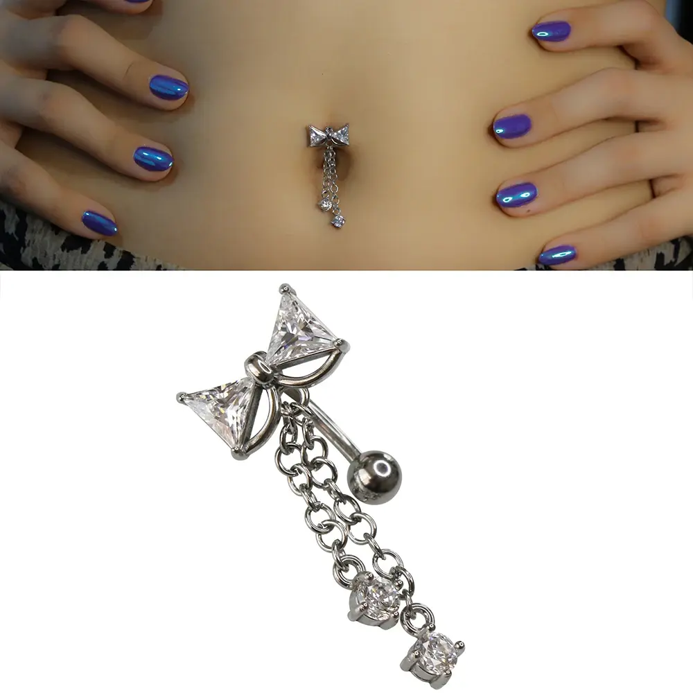 Lady Bow Model 316L Cerrahi Çelik Göbek Piercing Kurdele Figürü ve Taş İşçiliği Yakın Çekim