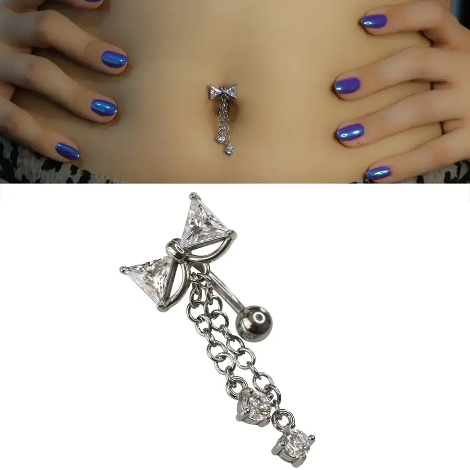 Lady Bow Model 316L Cerrahi Çelik Göbek Piercing Kurdele Figürü ve Taş İşçiliği Yakın Çekim