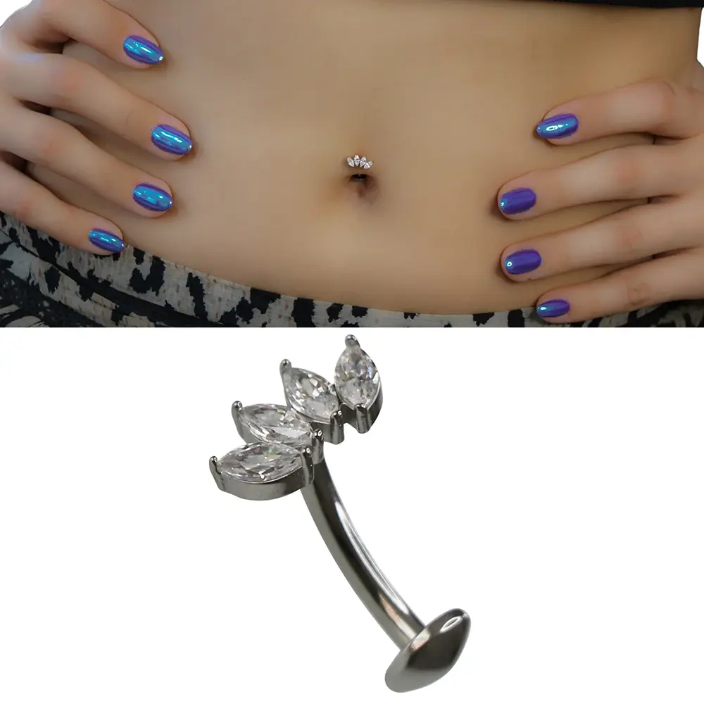 Marquise Tiara Model 316L Cerrahi Çelik Göbek Piercing Taç Figürü ve Taş İşçiliği Yakın Çekim