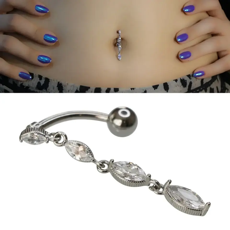 Marquise Stream Model 316L Cerrahi Çelik Göbek Piercing Markiz Taş Dizilimi Yakın Çekim