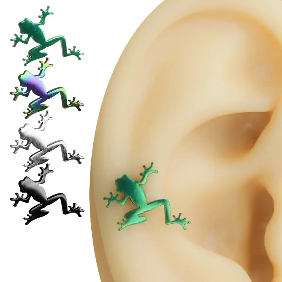 Yeşil renkli tırmanan kurbağa figürlü cerrahi çelik kıkırdak helix piercing