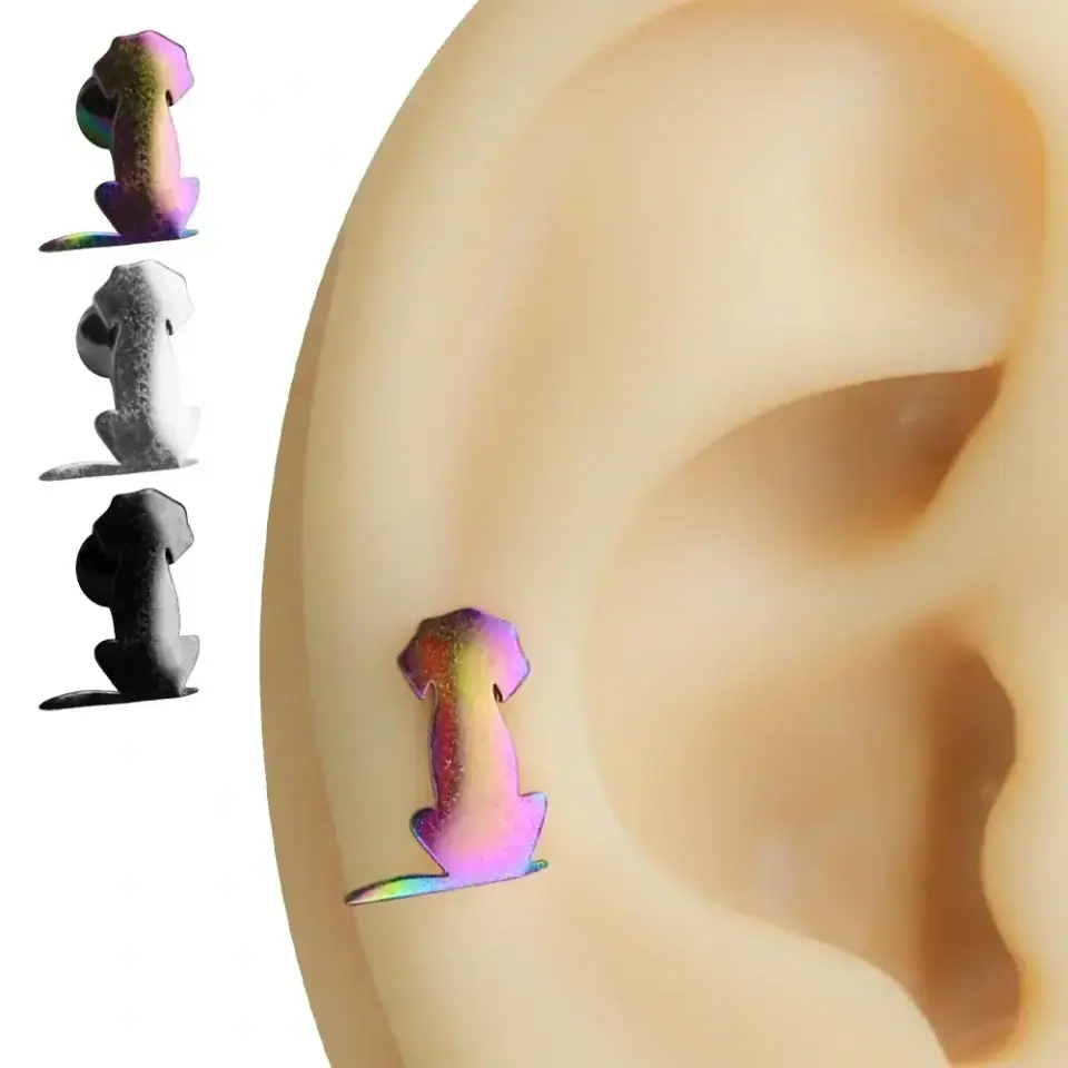 Yeşil gümüş siyah ve gökkuşağı renkli köpekçik figürlü kıkırdak helix piercing modelleri