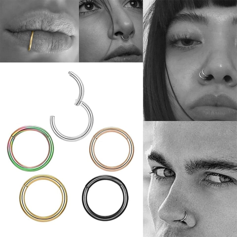 Septum ve helix bölgesinde sergilenen siyah kararmayan septum burun kıkırdak piercing renkleri