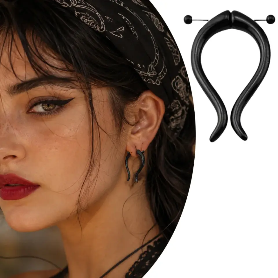 Siyah lobe kulak piercing kavisli ve uzun alternatif tasarım cerrahi çelik bar