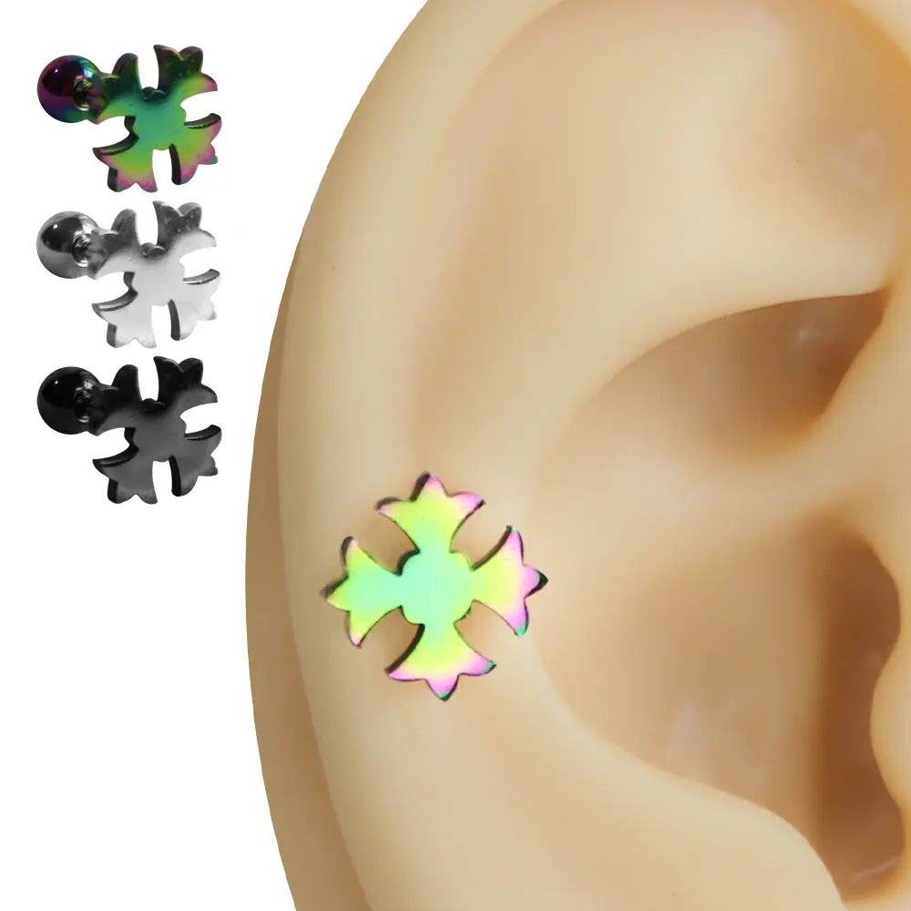 gümüş siyah ve gökkuşağı renkli gotik haç kıkırdak helix piercing seçenekleri