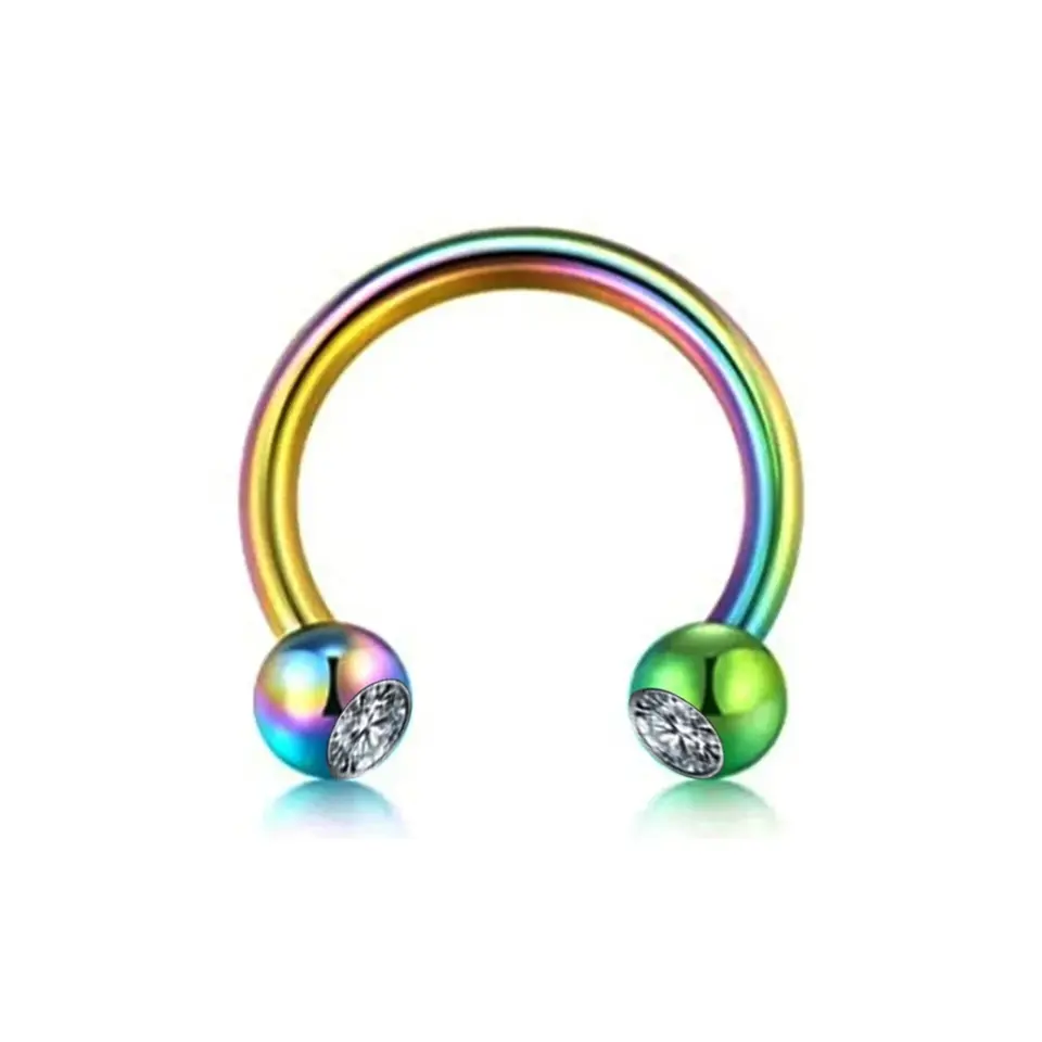 Gökkuşağı renkli zirkon taşlı yarım halka tasarımı 316L cerrahi çelik burun dudak kıkırdak piercing