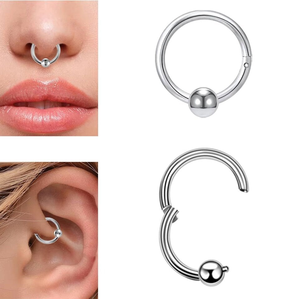 Septum ve daith bölgesinde sergilenen gümüş kararmayan toplu halka septum kıkırdak piercing
