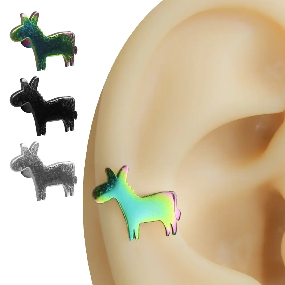 Gümüş siyah ve gökkuşağı renkli mutlu eşek figürlü kıkırdak helix piercing modelleri