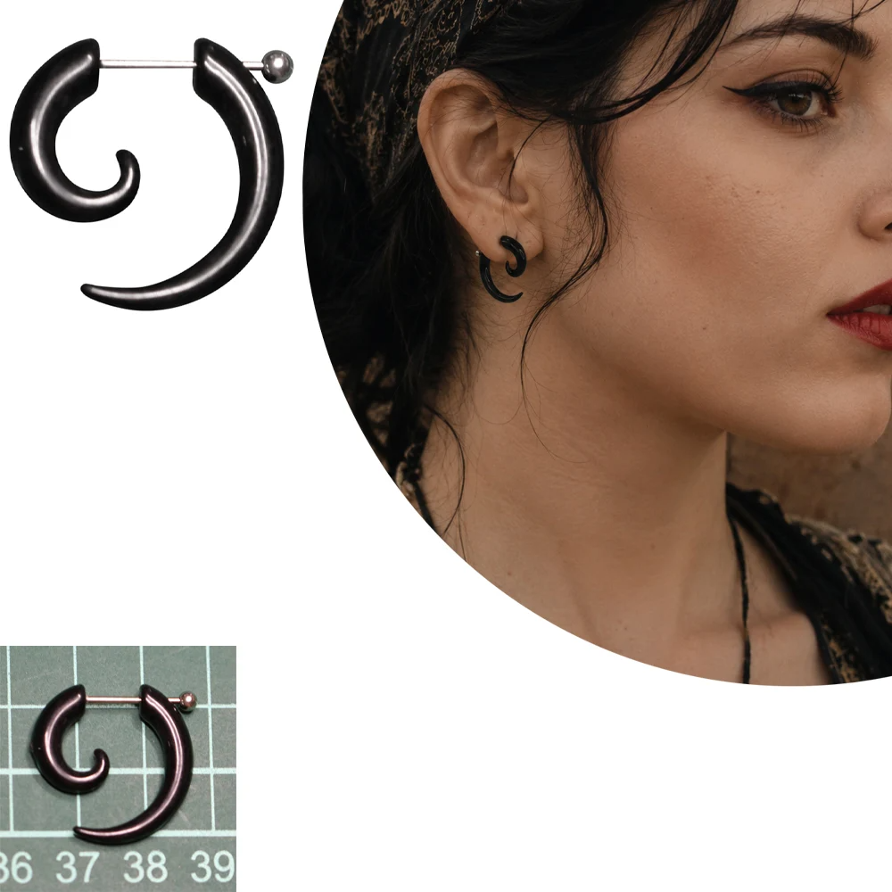 Standart kulak deliği için tünel görünümlü siyah spiral kulak piercing