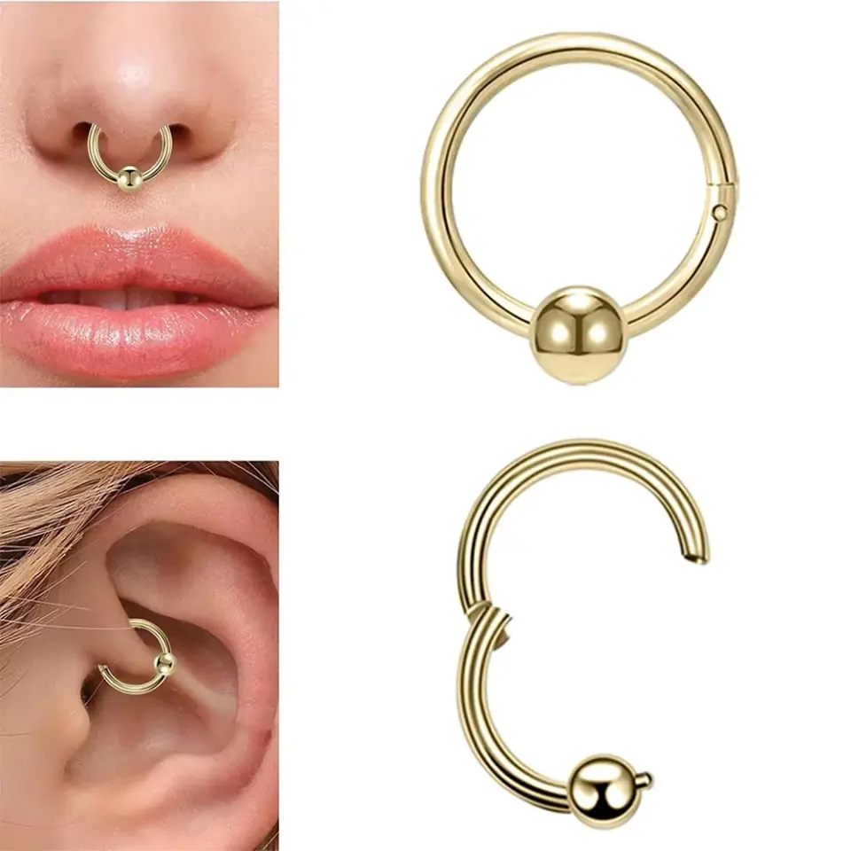 Septum ve tragus bölgesinde sergilenen gold kararmayan toplu halka septum kıkırdak piercing