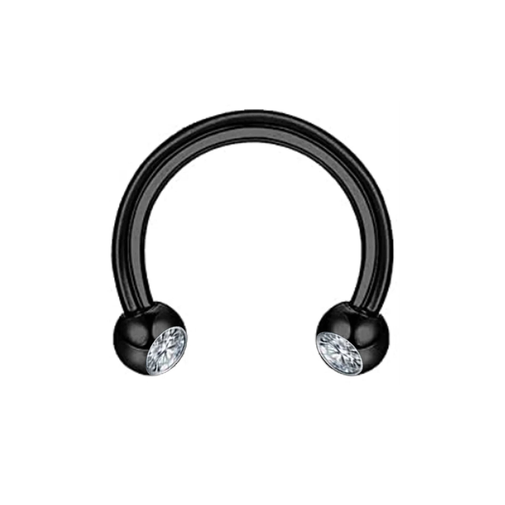 Taşlı Siyah Çelik Yarım Halka Piercing, Tragus-Daith-Helix-Dudak-Septum