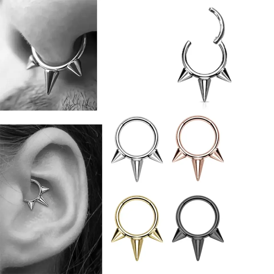 Dört farklı renk seçeneğiyle menteşeli clicker Spike tasarımı 316L cerrahi çelik halka septum kıkırdak piercing