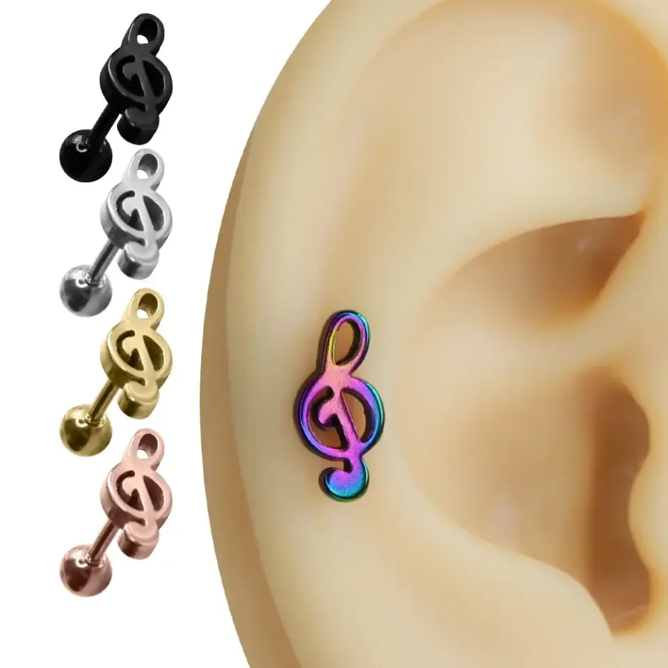 Treble Melody - Melodi Anahtarı Tasarım 316L Cerrahi Çelik Kıkırdak Helix Piercing Gümüş