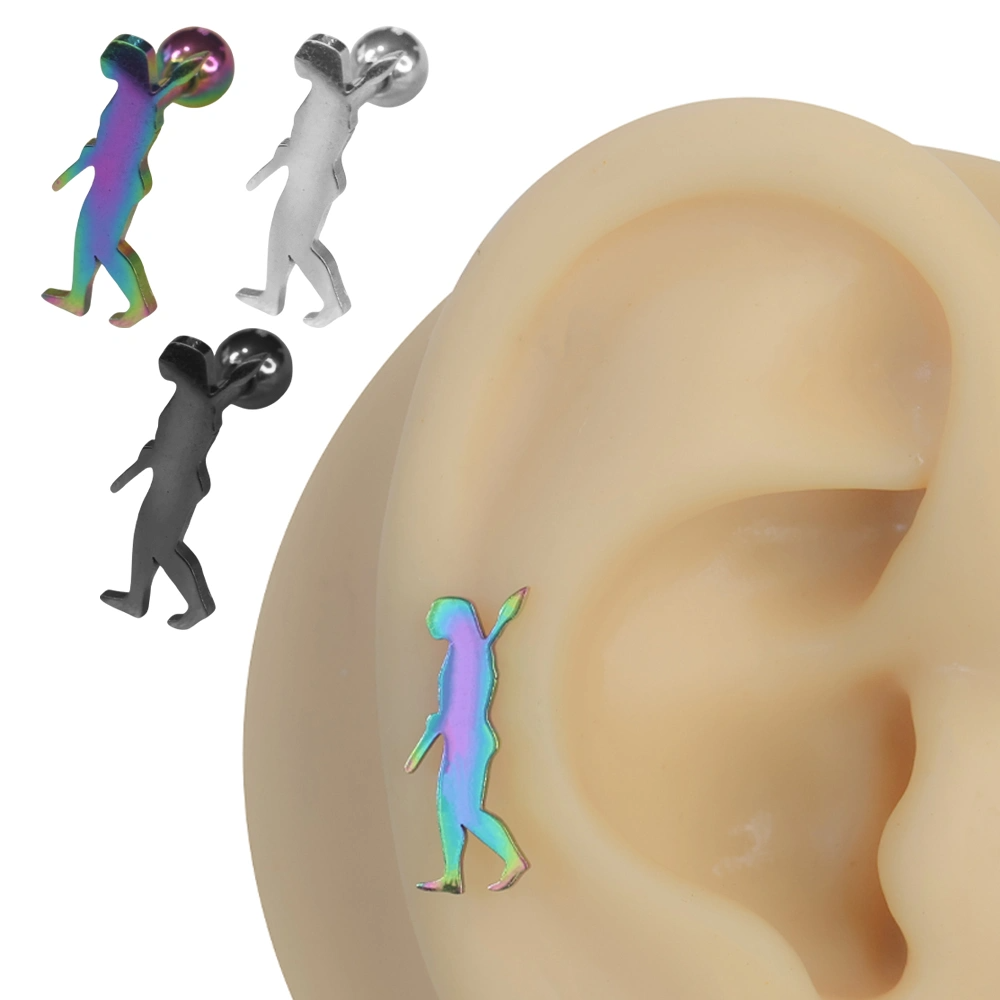 Kulak üzerinde sergilenen 316L cerrahi çelik arkadan vidalı homo neanderthalensis helix kıkırdak piercing