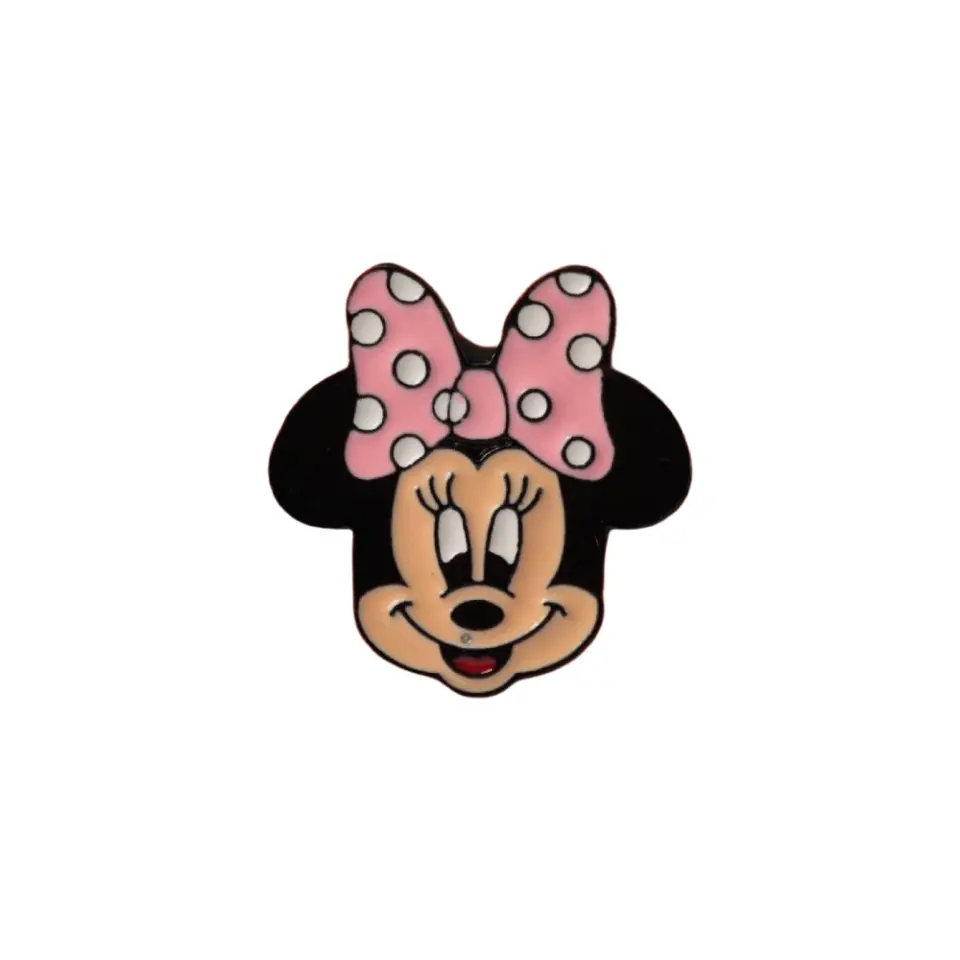 Pembe puantiyeli fiyonklu Minnie Mouse figürlü mineli rozet