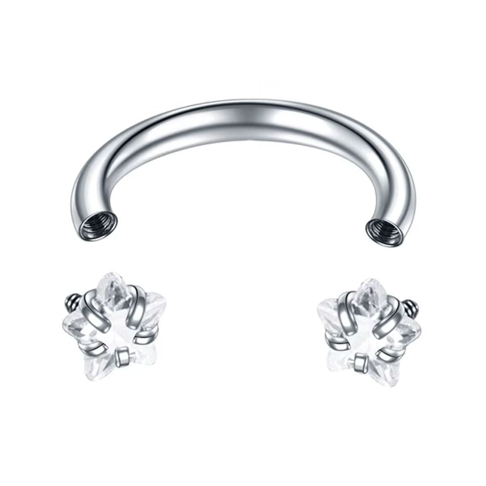 Yıldız Taşlı Çelik Yarım Halka Piercing, Tragus-Daith-Helix-Dudak-Septum