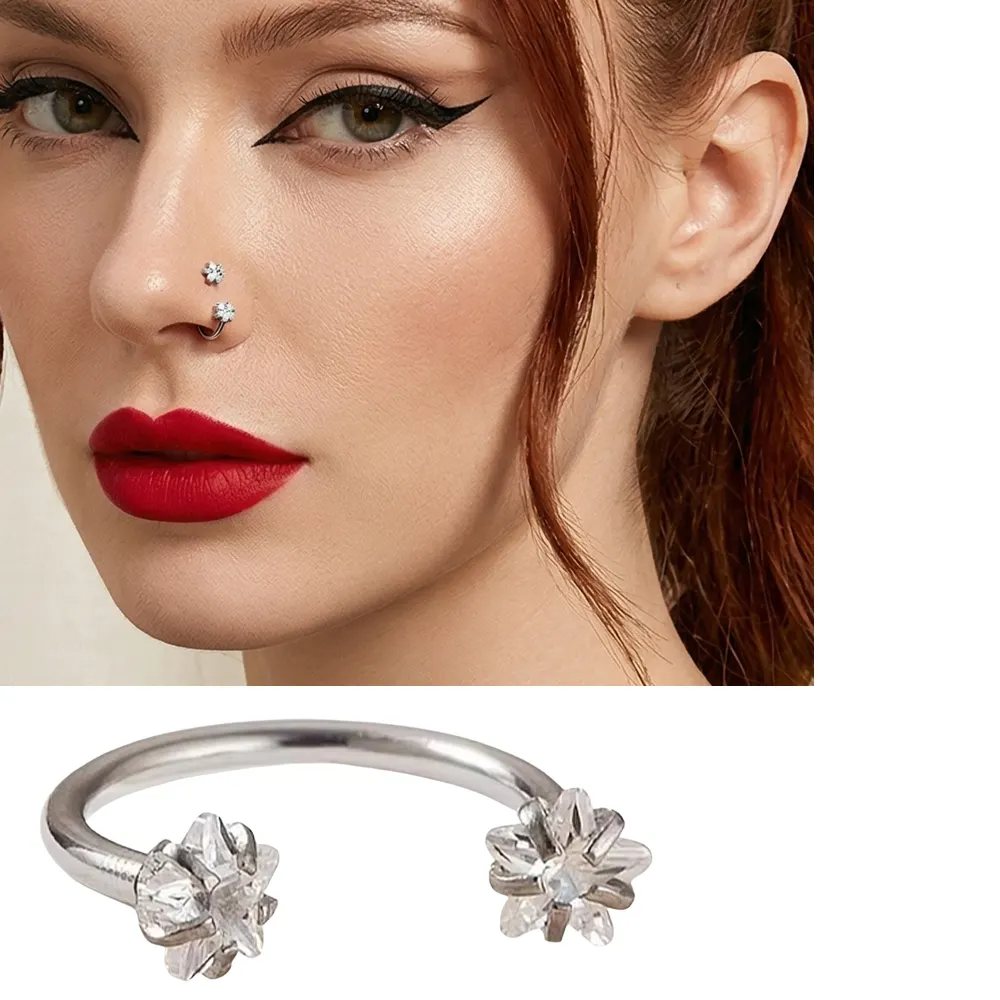 Farklı çap seçenekli anti-alerjik yıldız taşlı dudak burun piercing modelinin burunda duruşu