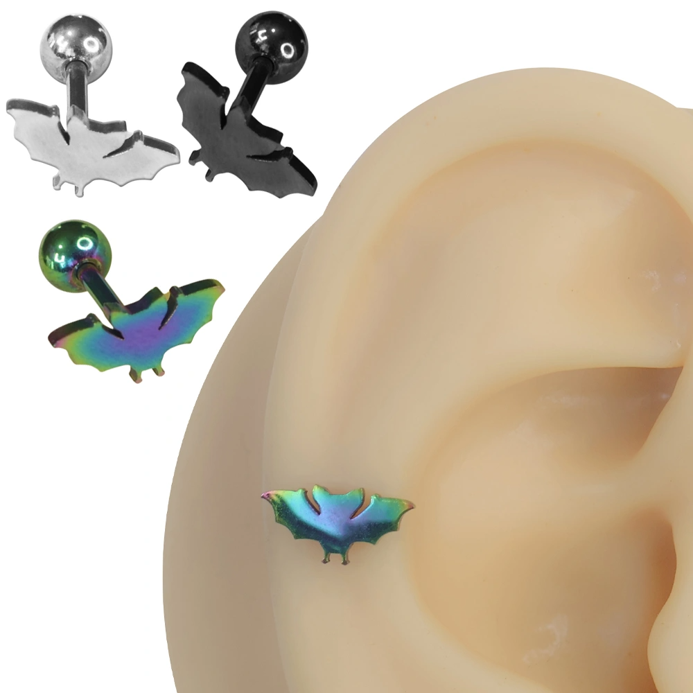 Kulak üzerinde sergilenen 316L cerrahi çelik arkadan vidalı yarasa helix kıkırdak piercing