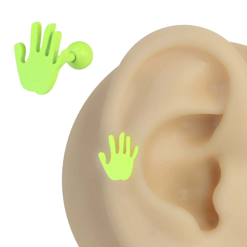 Kulak üzerinde sergilenen fosforlu sarı 316L cerrahi çelik arkadan vidalı Dur helix kıkırdak piercing