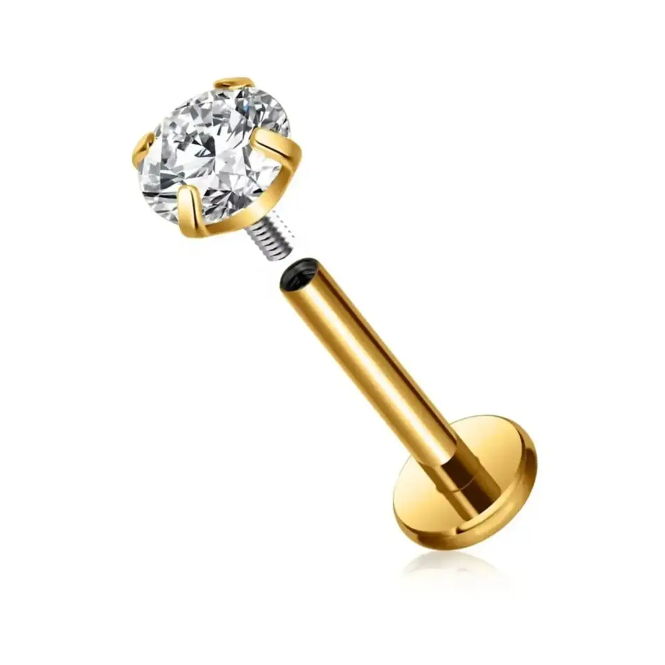 Arkası düz pürüzsüz gold flatback yuvarlak taşlı dudak labret piercing tasarımı