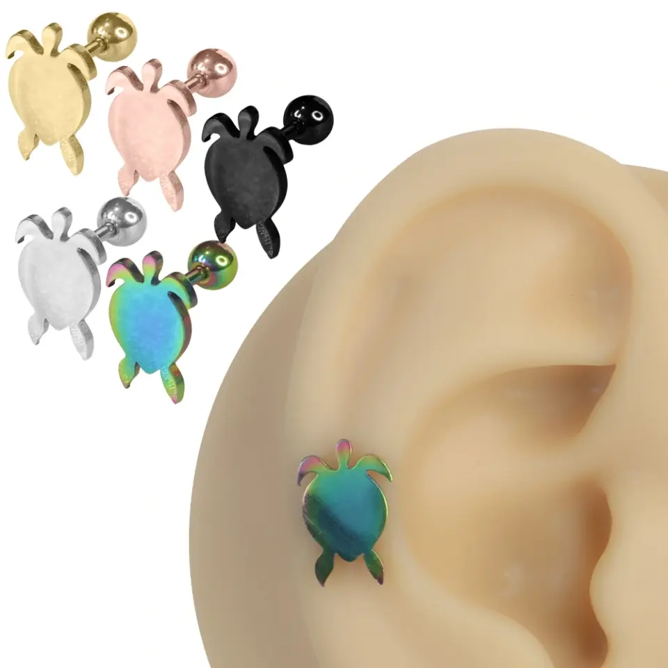 Kulak üzerinde sergilenen 316L cerrahi çelik arkadan vidalı kaplumbağa helix kıkırdak piercing