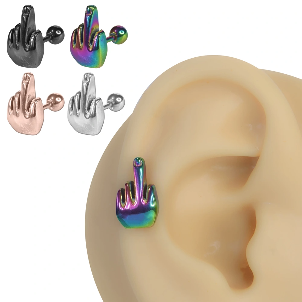Kulak üzerinde sergilenen 316L cerrahi çelik arkadan vidalı parmak figürlü helix kıkırdak piercing