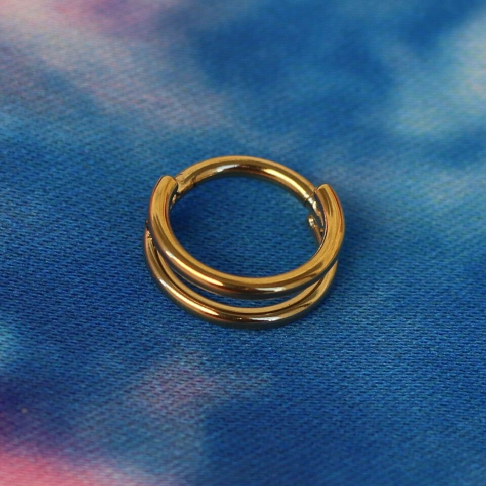 Faux Double İkili Görünüm Sarı Menteşeli Clicker 316L Cerrahi Çelik Halka Septum Kıkırdak Piercing 8mm