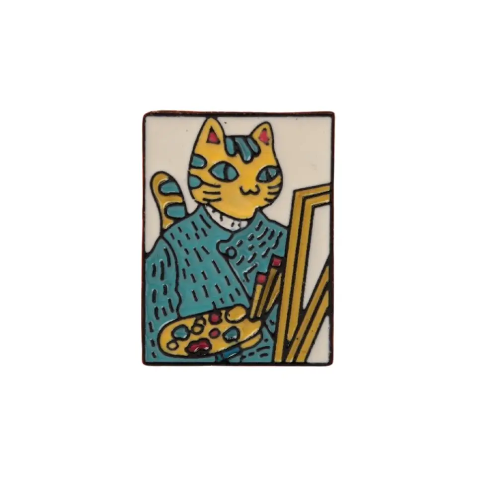 Şövale başında resim çizen ressam kedi figürlü mineli rozet