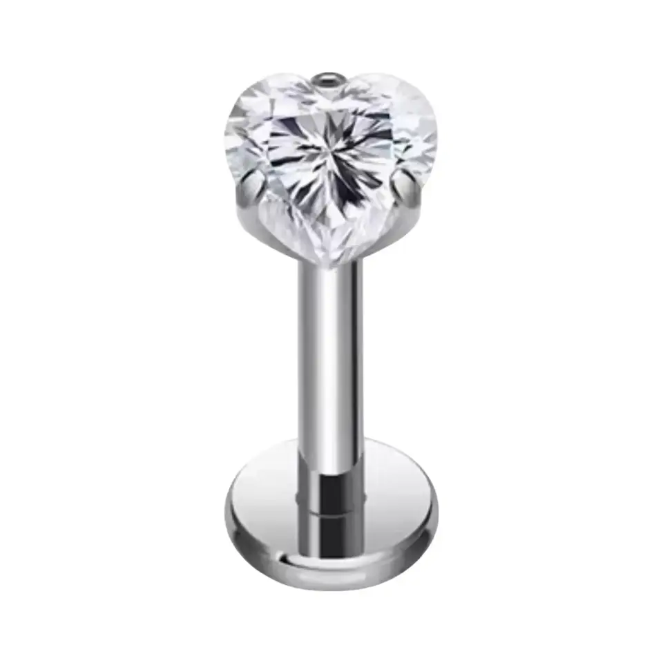 Gümüş renk 3 mm kalp zirkon taşlı dudak tragus burun kıkırdak piercing