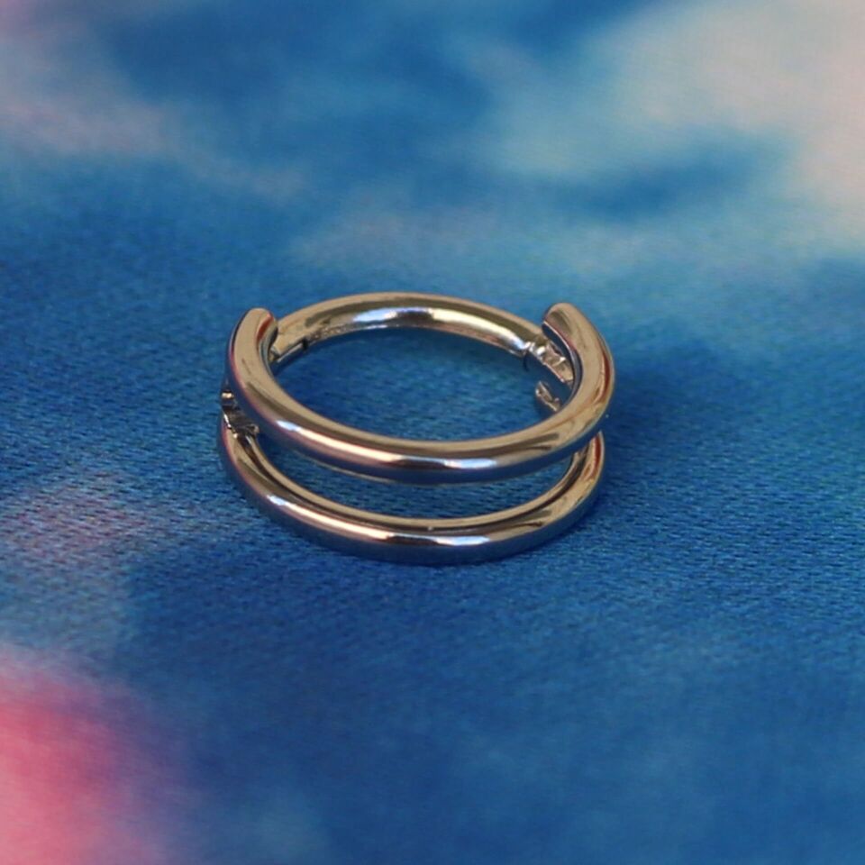 Faux Double İkili Görünüm Gümüş Menteşeli Clicker 316L Cerrahi Çelik Halka Septum Kıkırdak Piercing 6mm