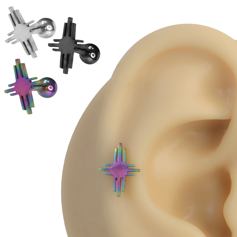 Kulak üzerinde sergilenen 316L cerrahi çelik arkadan vidalı Kızılderili Güneşi helix kıkırdak piercing