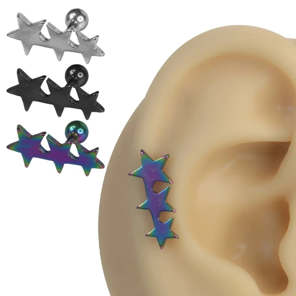 Kulak üzerinde sergilenen 316L cerrahi çelik arkadan vidalı Orion helix kıkırdak piercing