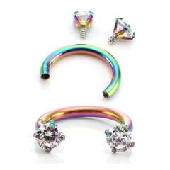 Taşlı Gökkuşağı Çelik Yarım Halka Piercing, Tragus-Daith-Helix-Dudak-Septum