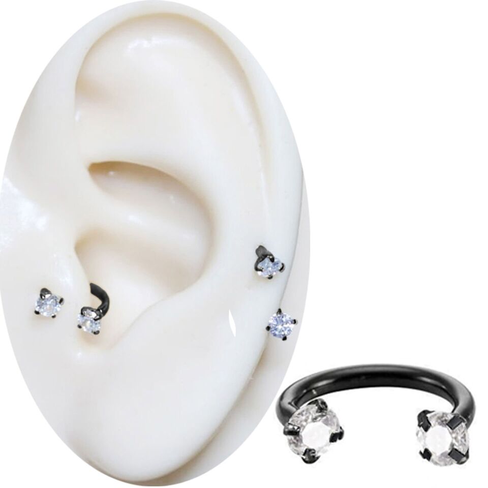 Taşlı Siyah Çelik Yarım Halka Piercing, Tragus-Daith-Helix-Dudak-Septum