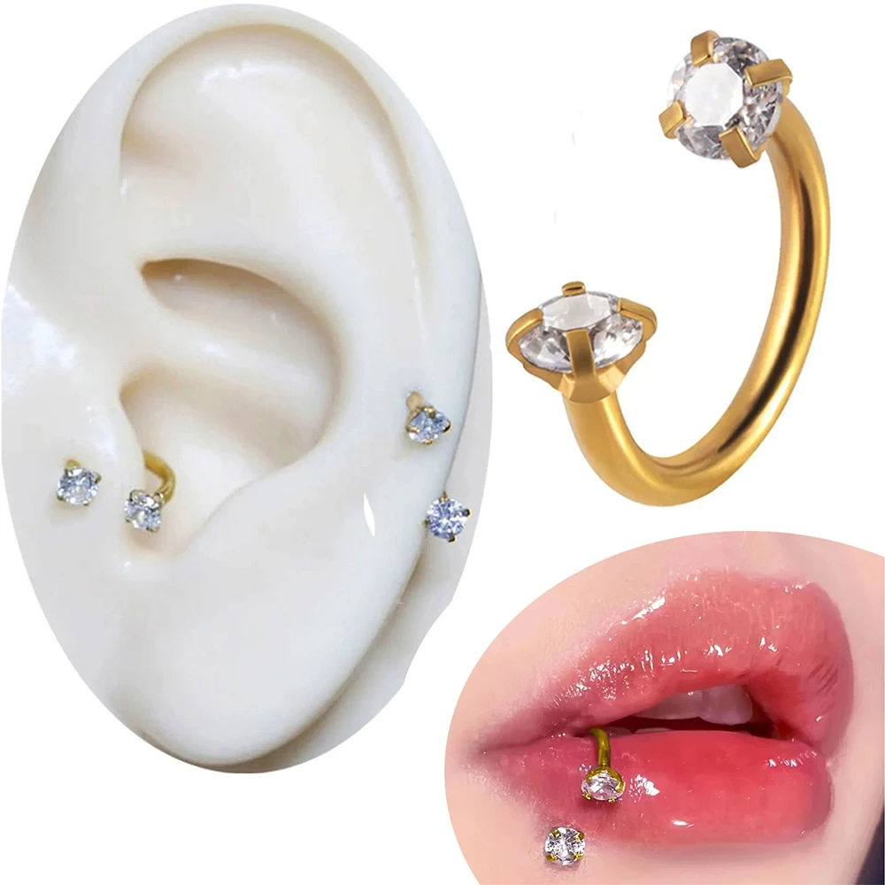 Altın renkli zirkon taşlı yarım halka tasarımı 316L cerrahi çelik dudak burun kıkırdak piercing
