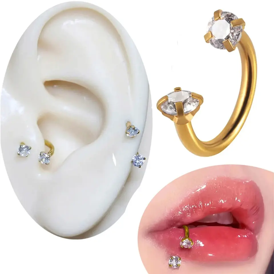 Altın renkli zirkon taşlı yarım halka tasarımı 316L cerrahi çelik dudak burun kıkırdak piercing