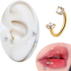 Taşlı Gold Çelik Yarım Halka Piercing, Tragus-Daith-Helix-Dudak-Septum