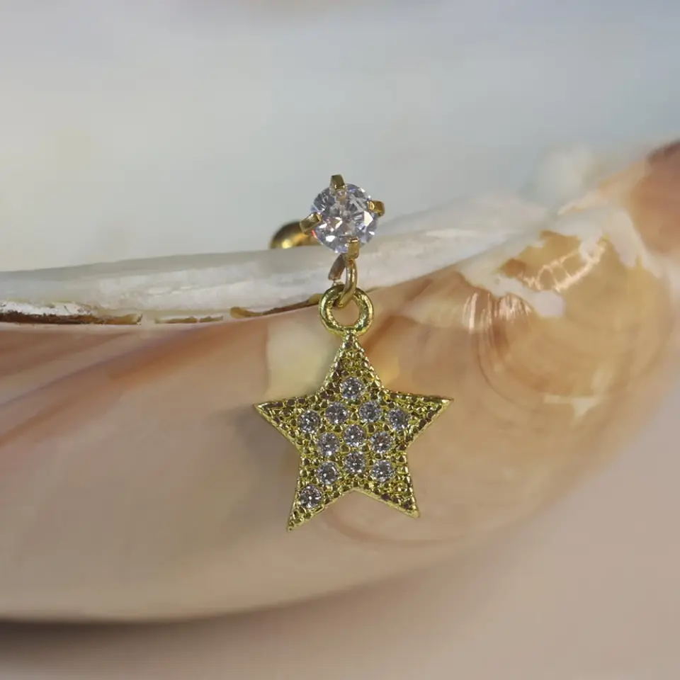 Zirkon taşlı sallantılı yıldız figürlü tragus helix kıkırdak piercing