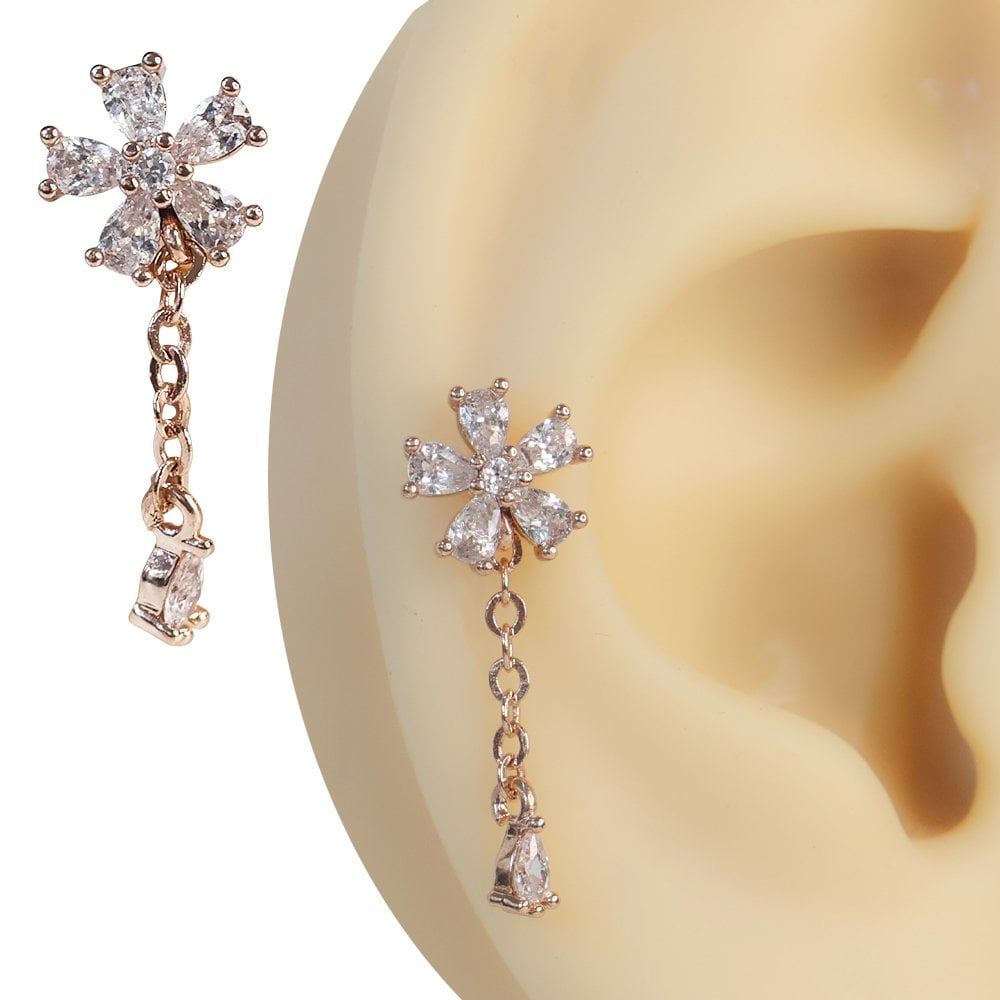 Rose rengi damla taşlı çiçek figürlü tragus helix kıkırdak piercing kulak çekimi