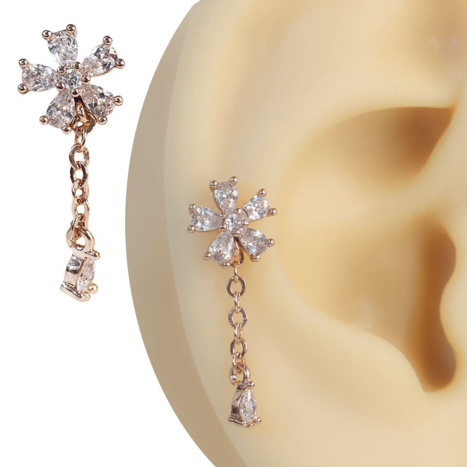 Rose rengi damla taşlı çiçek figürlü tragus helix kıkırdak piercing kulak çekimi