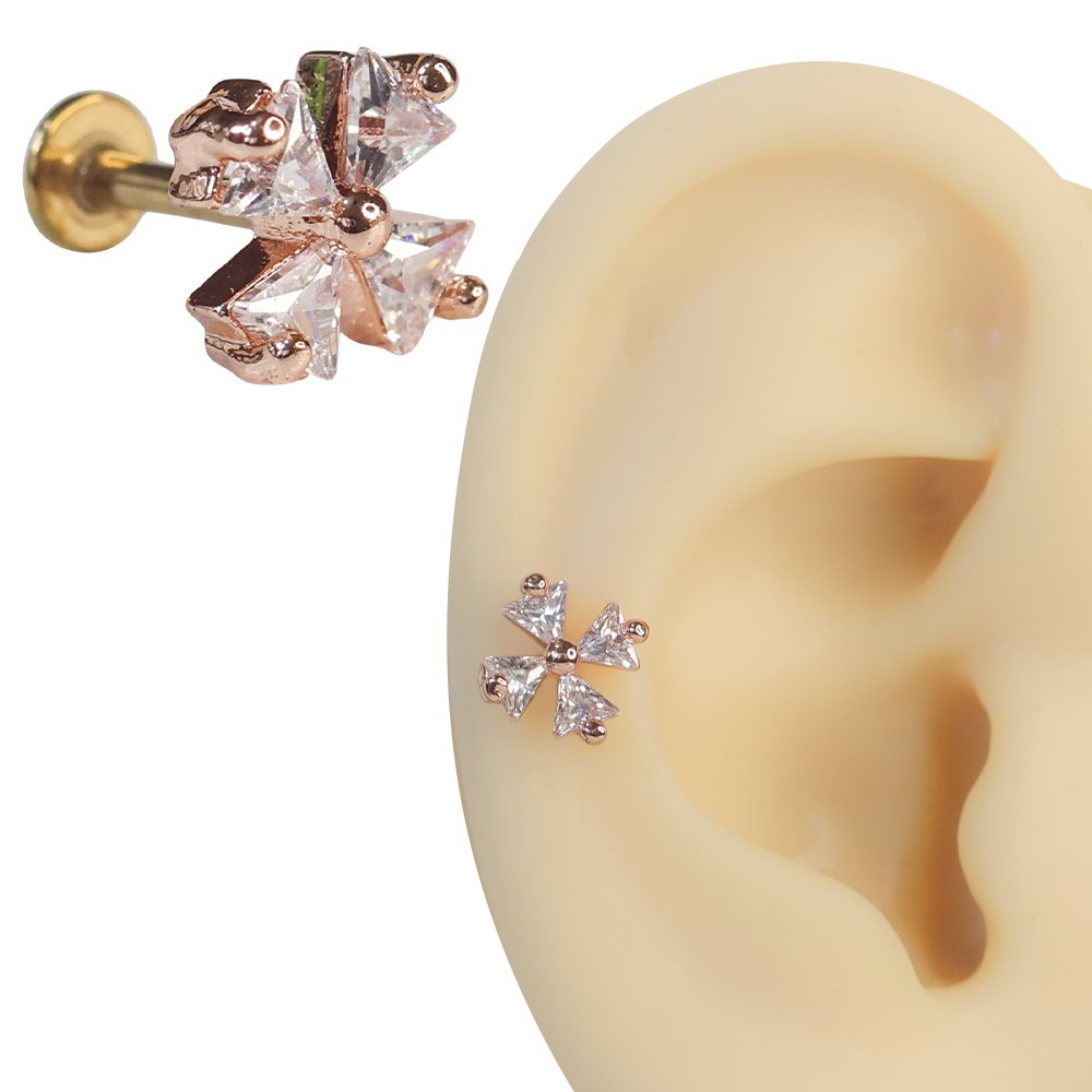 Rose renk dört zirkon taşlı yonca figürlü tragus helix kıkırdak piercing kulak çekimi