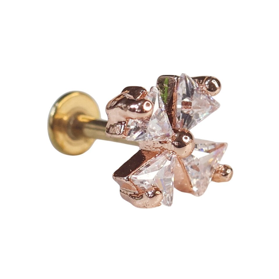 Flatback tasarımlı rose kaplama yonca figürlü tragus helix kıkırdak piercing ürün detayları