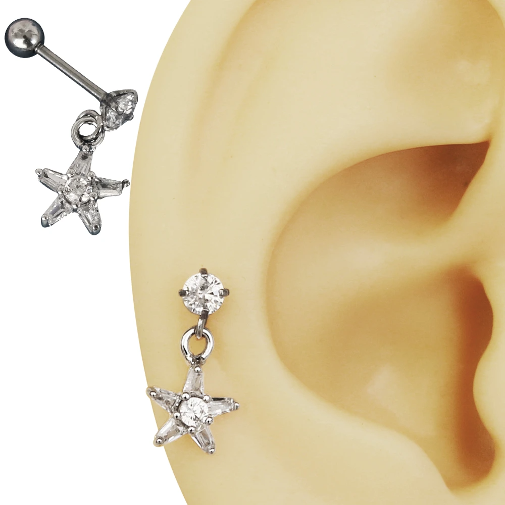 Gümüş renk zirkon taşlı kuzey ışığı yıldız figürlü tragus helix kıkırdak piercing kulak çekimi