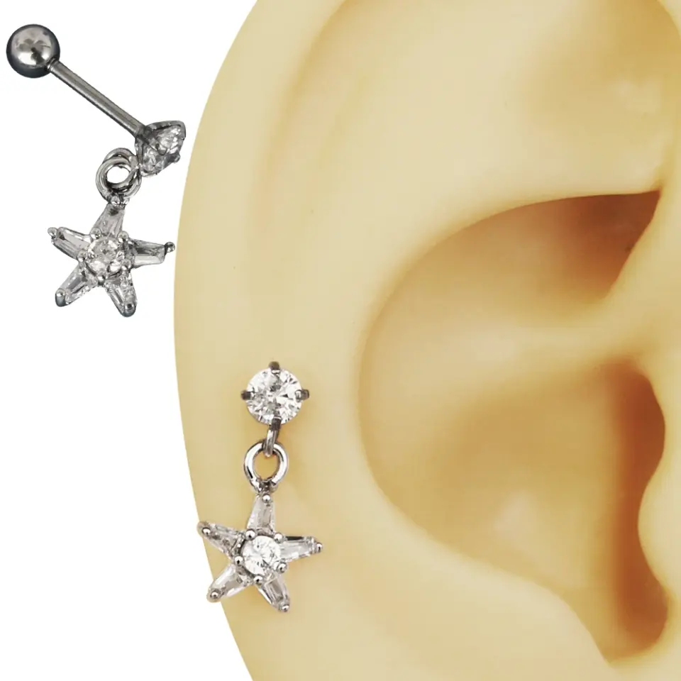 Gümüş renk zirkon taşlı kuzey ışığı yıldız figürlü tragus helix kıkırdak piercing kulak çekimi