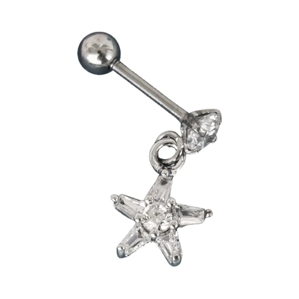 Zirkon taşlı kuzey ışığı yıldız tasarımlı gümüş kaplama tragus helix kıkırdak piercing tüm detayları