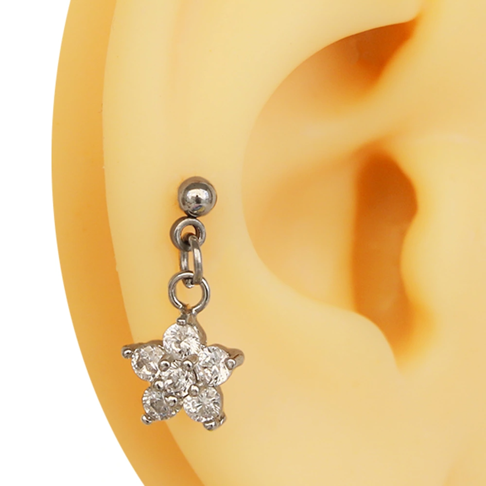 Gümüş renk zirkon taşlı kristal bahar çiçeği figürlü tragus helix kıkırdak piercing kulak çekimi