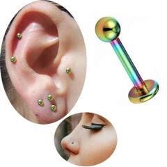 Toplu Gökkuşağı Çelik Flatback Düz Bar Piercing, Tragus-Helix-Conch-Burun-Dudak-Kıkırdak