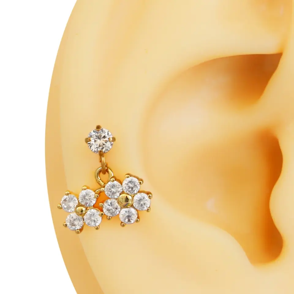 Altın rengi zirkon taşlı ışık bahçesi figürlü tragus helix kıkırdak piercing kulak çekimi