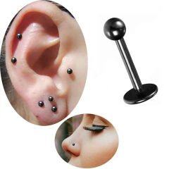 Toplu Siyah Çelik Flatback Düz Bar Piercing, Tragus-Helix-Conch-Burun-Dudak-Kıkırdak